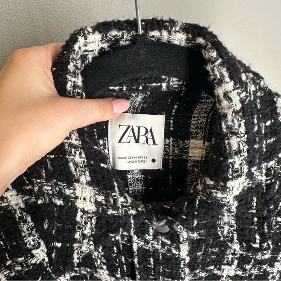 ZARA Tweed Plaid Raw Hem Shirt Jacket Shacket Black White Snap Buttons Size XS - Picture 5 of 11